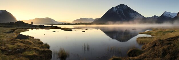 Photo panorama of a lake and hoven mountain during the midnight wide screen