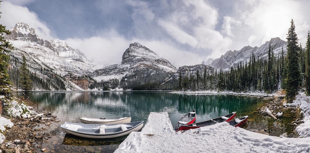 Panorama of Lake O'hara with canoe in wooden dock on winter at Yoho national park, Canada
