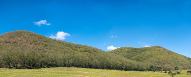 Foto vista del paesaggio di panorama del cielo blu dell'agente di montagna