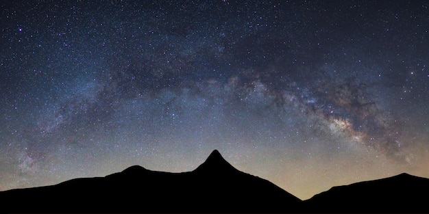 Panorama landscape with Milky way galaxy bridge over high moutain