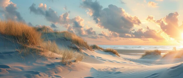 Panorama landschap van zandduinen op het strand bij zonsopgang