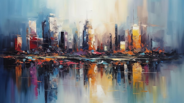 海や川の上にある近代的な大都市のパノラマ抽象油絵の手法で描いたAI生成画像