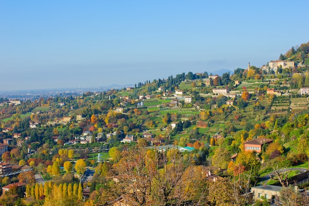 Panorama of lower and upper town of Bergamo , Italy