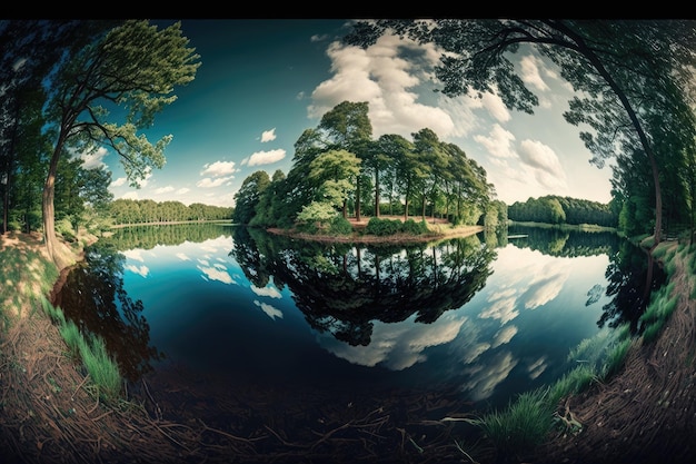 Panorama of lush forest with towering trees and tranquil lakes