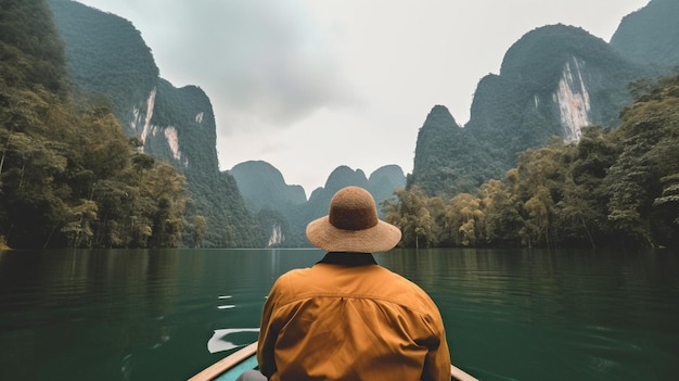 Panorama of a man on a boat enjoying nature a rock mountain and a gorgeous scenery National Park of Khao Sok Generative AI