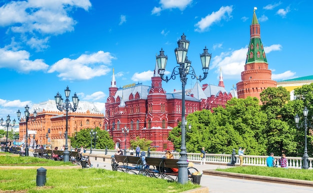 Panorama of manezhnaya square by old moscow kremlin russia