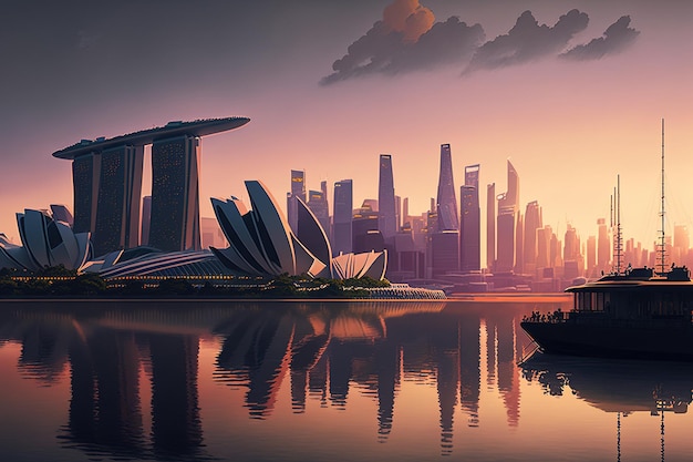 Panorama of Marina Bay and the Singaporean skyline at dawn