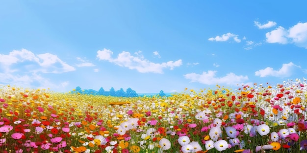 Panorama of meadows fields with flowers in summer under a sky Generative AI illustration