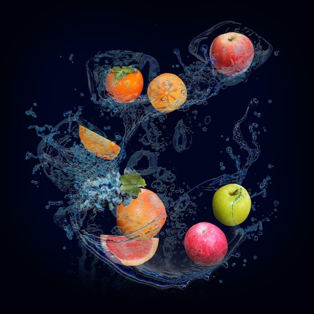 Panorama met fruit in spatten van water sappige appel persimmon druiven grapefruit heerlijk dessert voor de feesttafel