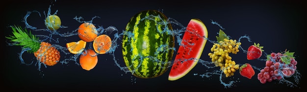 Panorama met fruit in water sappige ananas sinaasappel watermeloen druiven aardbeien geven mensen een verrukking van smaak