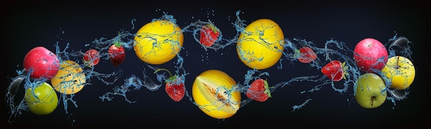 Panorama met fruit in water, sappige appel-aardbeienmeloen die mensen helpt hun gezondheid te verbeteren