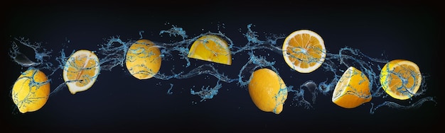 Panorama met fruit in water sappige citroenen vitamines en mineralen zijn een geschenk van de zon