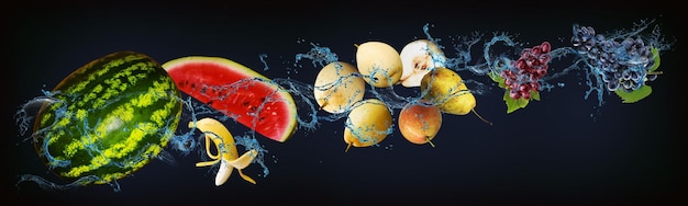 Panorama met fruit in water sappige druiven peer banaan watermeloen versterken onze gezondheid met nuttige stoffen