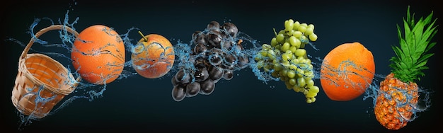 Panorama met fruit in water sappige grapefruit peer druiven sinaasappel ananas zijn gevuld met vitamines en voedingsstoffen en een heerlijk dessert voor een feestelijke tafel