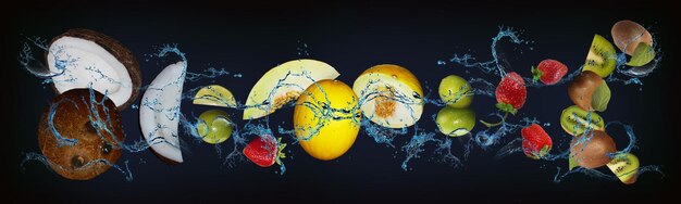 Panorama met fruit in water sappige kiwi aardbei limoen meloen kokos kracht en gezondheid voor een persoon