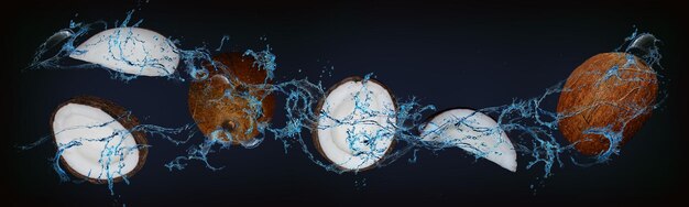 Panorama met fruit in water sappige kokosnoot zit vol vitamines en mineralen
