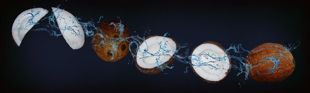 Panorama met fruit in water sappige kokosnoten versterken onze gezondheid met nuttige stoffen
