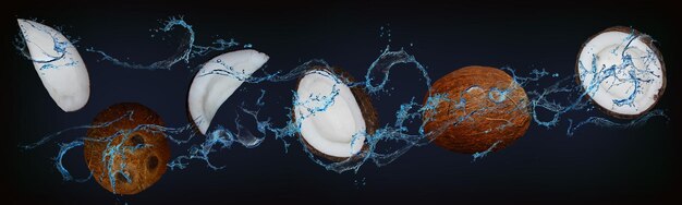 Panorama met fruit in water sappige kokosnoten vitamines en mineralen zijn een geschenk van de zon