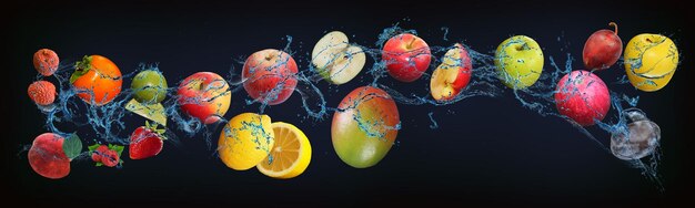 Panorama met fruit in water sappige lychees perzik kaki limoen citroen appel pruim vitamines en mineralen zijn een geschenk van de zon