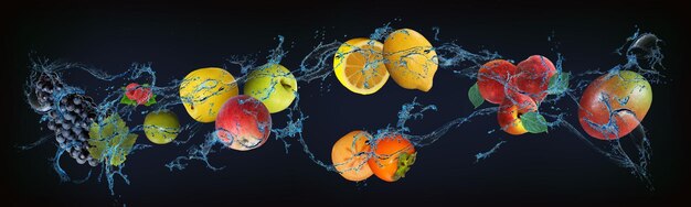 Panorama met fruit in water sappige mango perzik persimmon citroen appel limoen framboos druiven zijn heerlijk en gezond voedsel voor ons lichaam