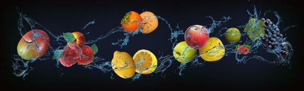 Foto panorama met fruit in water sappige mango perzik persimmon citroen appel limoen framboos druiven zijn heerlijk en gezond voedsel voor ons lichaam