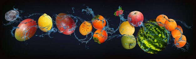 Panorama met fruit in water sappige pruim mango citroen persimmon appel watermeloen sinaasappel een schat aan vitamines en mineralen voor de menselijke gezondheid