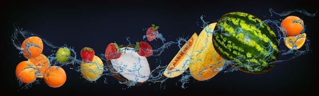 Panorama met fruit in water sappige sinaasappel aardbei kokosnoot meloen watermeloen verhoogt de menselijke immuniteit