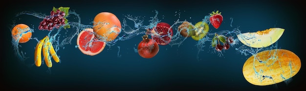Panorama met fruit in water sinaasappel banaan grapefruit granaatappel kiwi aardbei kersen meloen druiven een balans tussen gezondheid en plezier voor mensen