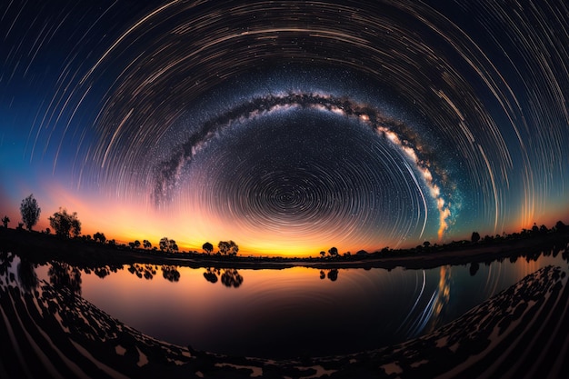 Panorama met lange belichtingstijd met korrel van de Melkweg genomen in Phitsanulok in Thailand