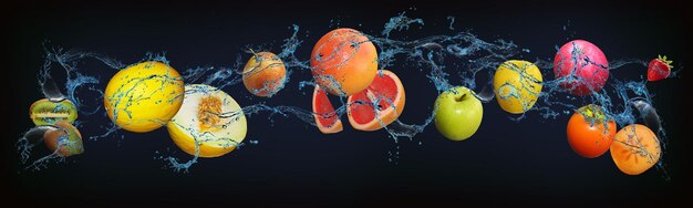 Foto panorama met sappige vruchten in het water kiwi meloen peer appel grapefruit dadelpruim aardbei zoete traktatie voor onze buik