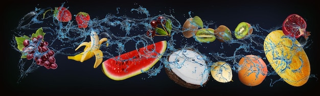 Panorama met sappige vruchten in het water meloen grapefruit kiwi watermeloen kokos banaan aardbei peer geven ons een grote verscheidenheid aan smaken en gezondheidsvoordelen