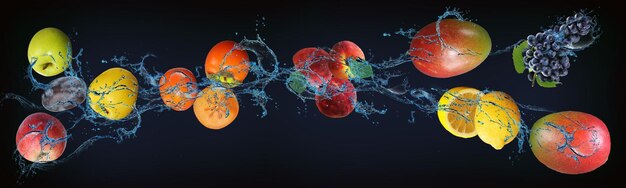 Panorama met sappige vruchten in water mango citroen druiven perzik persimmon appel gevuld met nuttige mineralen en vitamines