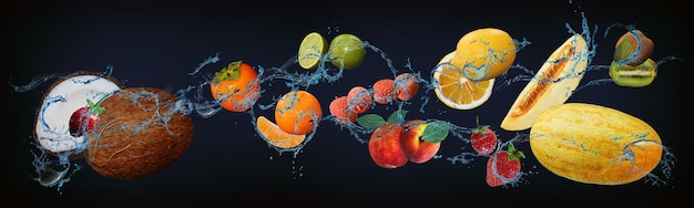 Panorama met vers fruit in het water avocado sinaasappel limoen kers kiwi granaatappel druiven banaan een zeer smakelijk dessert voor Halloween Kerstmis en Nieuwjaar