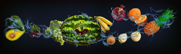 Panorama met vers fruit in het water avocado sinaasappel watermeloen druiven banaan granaatappel peer