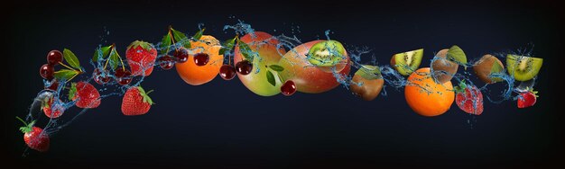 Panorama met vers fruit in het water kers aardbei mango kers sinaasappel een zeer smakelijk dessert voor het nieuwe jaar Kerstmis en Halloween