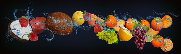 Foto panorama met vers fruit in het water kokosnoot aardbei citroen persimmon druiven limoen een zeer smakelijk dessert voor het nieuwe jaar kerstmis en halloween