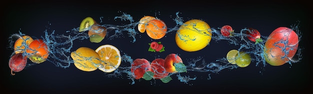 Panorama met vers fruit in het water mango limoen aardbei meloen perzik framboos sinaasappel een erg lekker dessert voor Halloween Kerst en Nieuwjaar