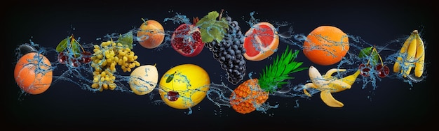 Panorama met vers fruit in het water sinaasappel kers druiven peer meloen ananas banaan een zeer smakelijk dessert voor het nieuwe jaar Kerstmis en Halloween
