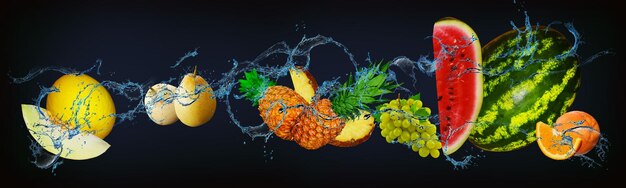 Panorama met vers fruit in het water sinaasappel watermeloen druiven ananas peer meloen een zeer smakelijk dessert voor Halloween Kerstmis en Nieuwjaar