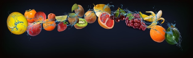 Panorama met vers fruit in water avocado sinaasappel banaan druiven kers grapefruit peer kiwi aardbei lychee mandarijn perzik persimmon appel meloen een zeer smakelijk dessert voor de Ne