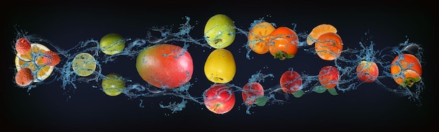 Panorama met vers fruit in water kaki perzik mandarijn appel mango limoen lychee citroen een zeer smakelijk dessert voor Halloween Kerstmis en Nieuwjaar