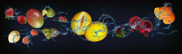 Panorama met vers fruit in water sinaasappel granaatappel kersen meloen framboos kiwi limoen mango