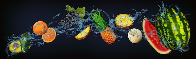Panorama met vers fruit in water watermeloen peer ananas druiven sinaasappel avocado een heerlijk dessert voor Halloween Kerstmis en Nieuwjaar