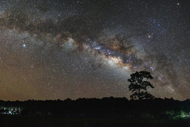 우주에 별과 우주 먼지가 있는 파노라마 은하수 곡물이 있는 긴 노출 사진
