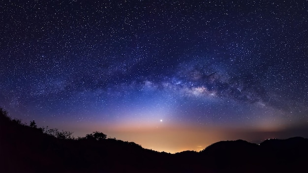 Panorama Milky Way GalaxyLong exposure photographWith grain