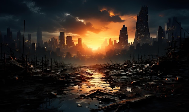 Photo panorama of modern futuristic city ruins of a destroyed city