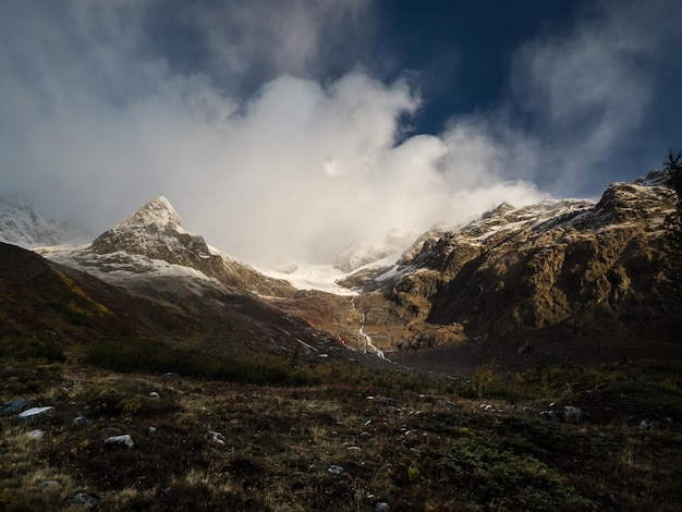 Panorama of Mont Blanc from Italy Mountain peaks Snowy mountain peaks after autumn rain fog and c