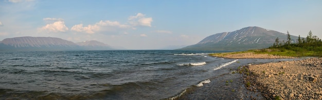 Panorama of a mountain lake on the Putorana plateau