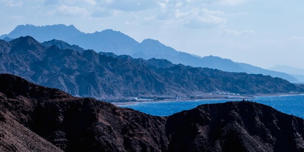 Panorama in mountain range at sinai egypt similar to Martian landscapes with sea view