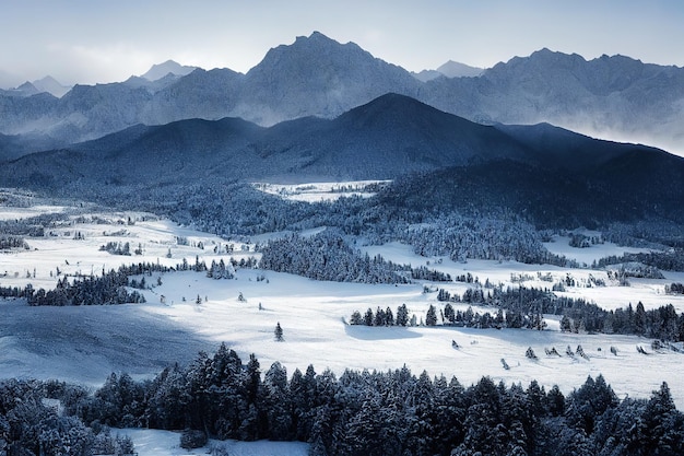 山と冬の森のパノラマ雪に覆われた自然の背景に丘とトウヒの木